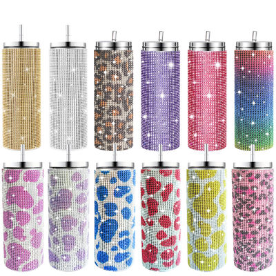 Rhinestone Bling Diamant Glitter Roestvrij staal Thermische tumbler geweldig voor koffie thee water bier bevat deksel en stro