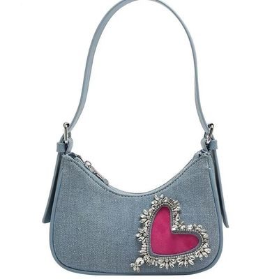 Stijlvolle hartvormige denim handtas voor vrouwen met enkel handvat, rits sluiting, katoenen voering